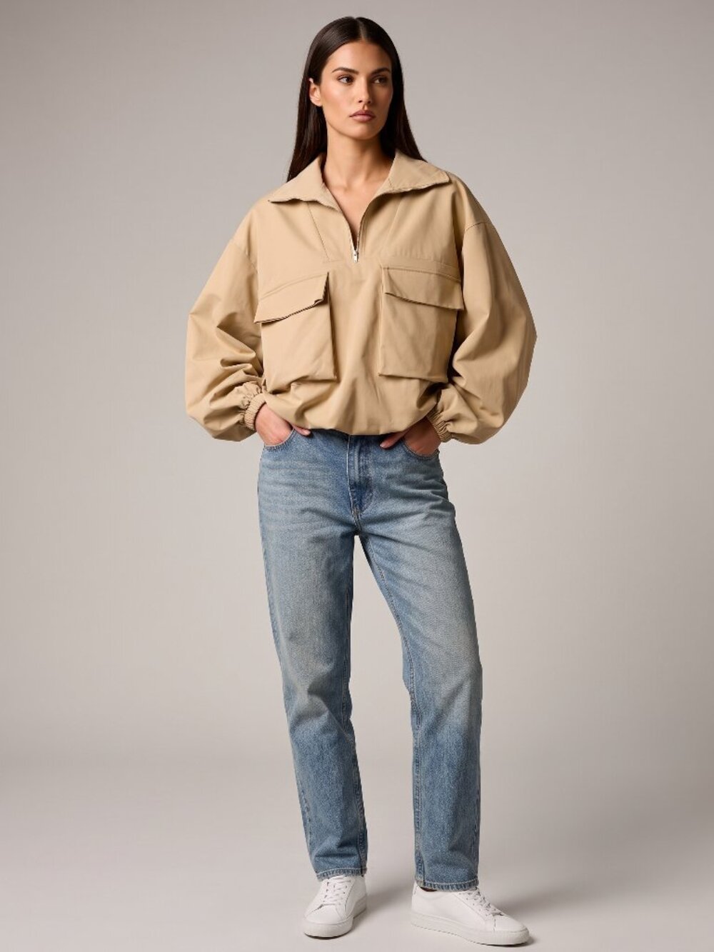 Women's Beige Oversized Utility Half Zip Stand Collar Cargo Pocket Jacket - Picture 3 of 3